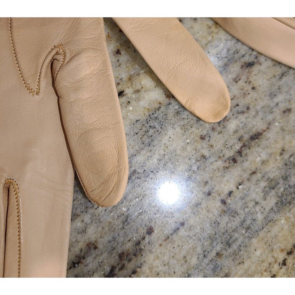 Vintage Size S Pumpkin Beige Soft Leather Formal 9" Gloves Wrist Weave Bow - Picture 10 of 15